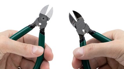 Wire cutting pliers in the hand, also known as diagonal cutting pliers or side cutters, are hand tools designed for cutting wires