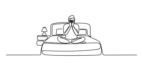 Single line drawing of a person sitting on a bed with head in hands looking stressed or tired. Vector, illustration