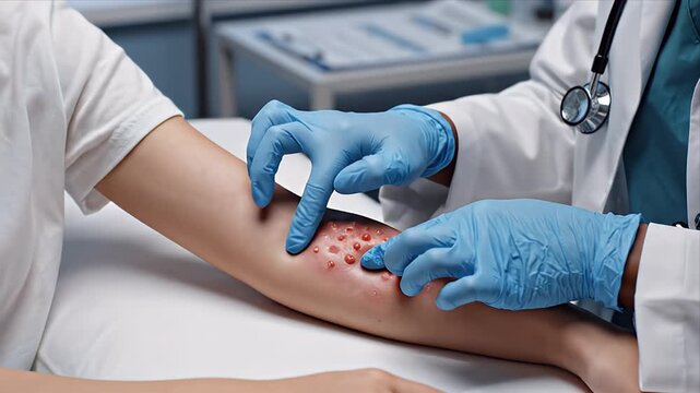 Doctor examining teenager's arm with cluster of red inflamed pustules and lesions on white background clinical examination healthcare awareness medical concept