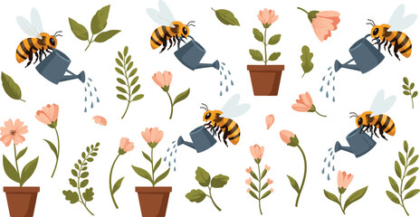 Bee Pollination and Garden Flower Watering Vector Set with Bees, Watering Cans, Potted Plants, Leaves and Blooming Spring Nature Elements © Maslima