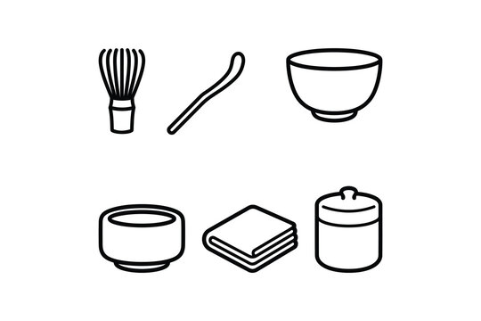 Japanese matcha tea ceremony icon set - Minimalist line art icons of matcha tea tools