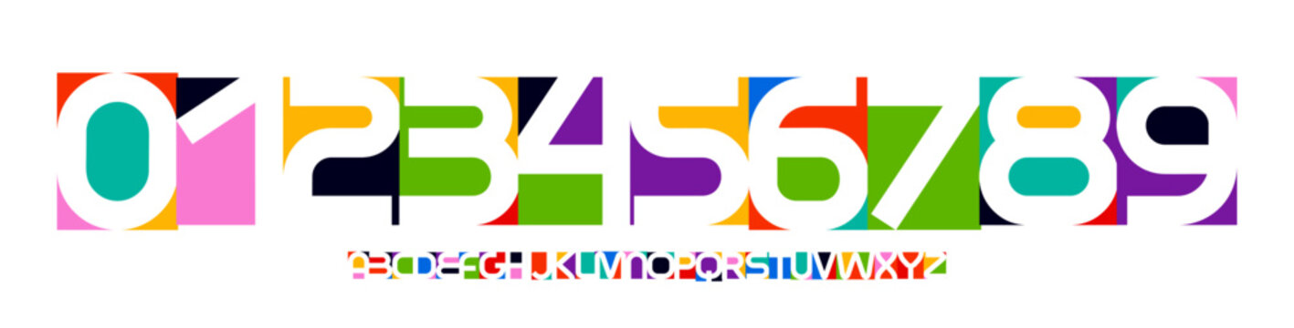 Color Numbers Letters Alphabet Font for Kid Birthday Years Logo, Corporate Anniversary Sign, Race Sport Team Jersey Numeric. Colorful Cutout Paper Typographic Design. Vector Illustration