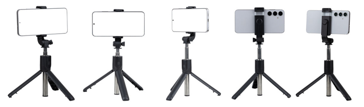 Modern smartphone mounted on a tripod stand on white background. Mock up