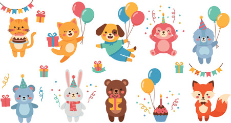 Fototapeta premium Cute Birthday Animals Set with Cats, Dogs, Bears, and Bunnies Holding Balloons, Gifts, and Party Hats