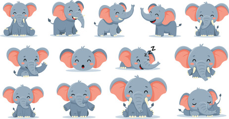 Cute Baby Elephant Cartoon Character Set with Different Emotions and Poses, Funny Wildlife Animal Expressions Collection for Kids Vector Illustration © Maslima