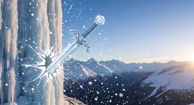 A sword stuck in ice mountain.
