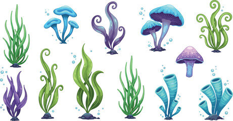 Colorful Underwater Plants and Mushrooms Set with Various Shapes and Bubbles for Ocean and Aquatic Themes © MdJillur