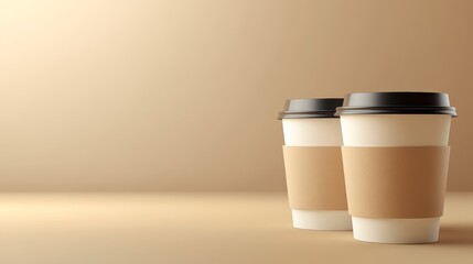Two disposable coffee cups with brown sleeves against soft gradient beige background