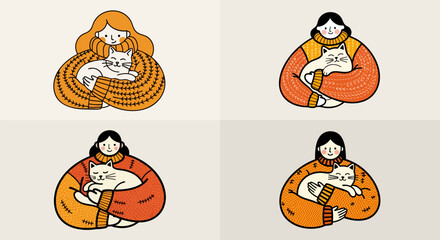 Fototapeta premium Cozy illustration set woman hugging beloved cat warmly