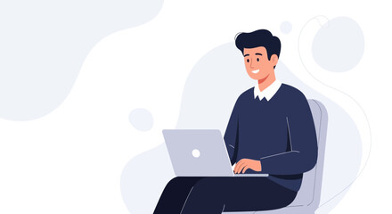 Young man working on a laptop, sitting in a chair, modern flat design illustration