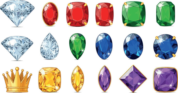 Colorful precious gemstone collection with diamond ruby emerald sapphire amethyst citrine gems and golden crown luxury vector illustration
