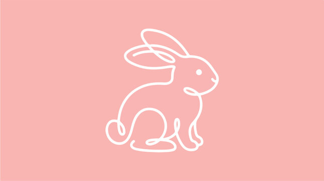 Minimalist White Rabbit Line Art on Pink Background.