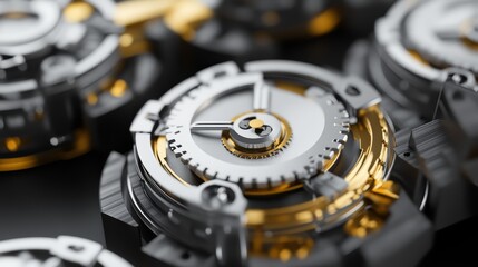 A close-up of intricate metallic gears, featuring silver and gold hues, displaying precision engineering