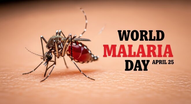 Mosquito on skin with world malaria day text on orange background
