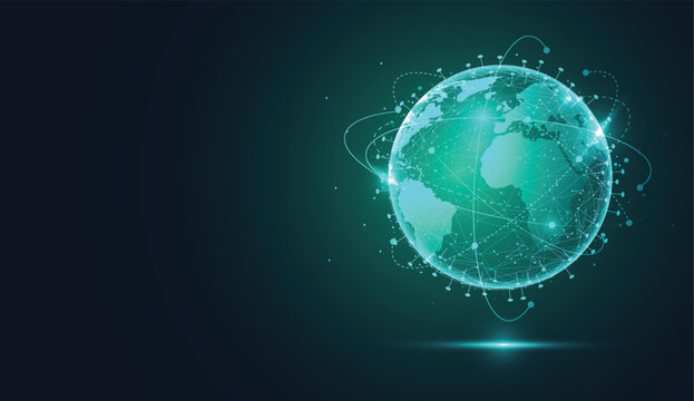 Global network technology connection green background. World map point and line composition concept of global business. Vector Illustration
