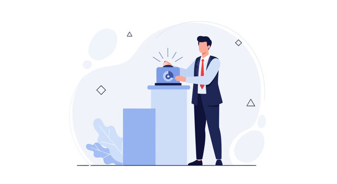 Businessman pressing button on podium, launching project or idea, business concept illustration