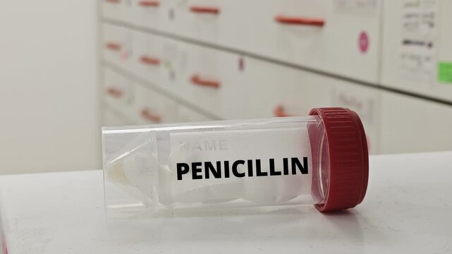 Box of PENICILLIN tablets on a hospital pharmacy table used to treat bacterial infections a penicillin antibiotic Penicilline
