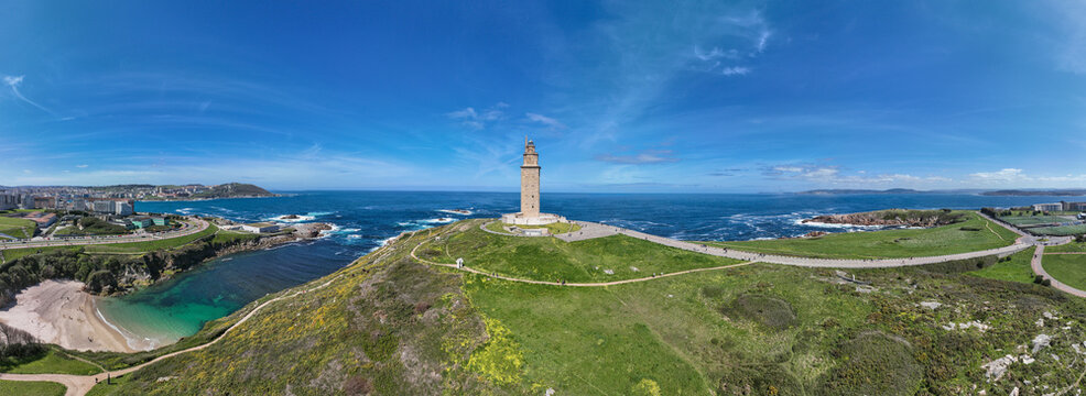 Panoramic view of Hercules tower UNESCO site in La Coruna Spain