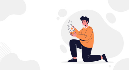 Fototapeta premium Man Kneeling Holding Juice Box, Healthy Lifestyle Concept, Flat Illustration