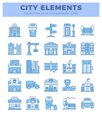 Collection of blue line art city elements icons on white background. © Icon
