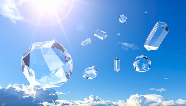 鮮やかな青空に浮かぶ透明なクリスタルが新鮮な空気と酸素の清潔さを表現したコンセプト画像