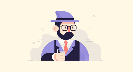 Obraz premium Animated man with beard, glasses, hat, and suit, holding a drink