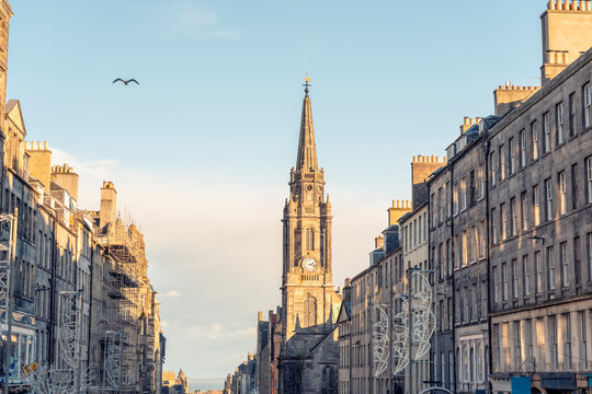Tron Kirk Market and historic architecture on Edinburgh High Street in autumn