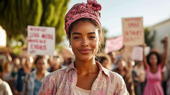 Confident young woman wearing pink headwrap smiles at camera during diverse outdoor protest rally with blurred signs and participants in background