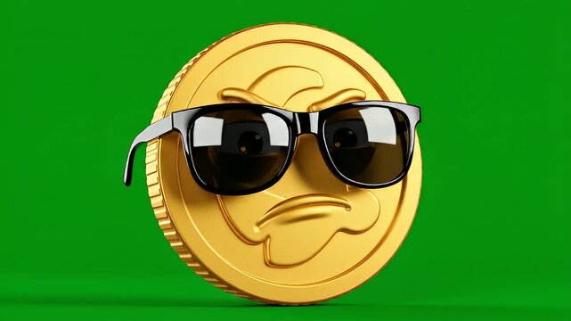 A video of a cartoon bitcoin wearing sunglasses on a green background