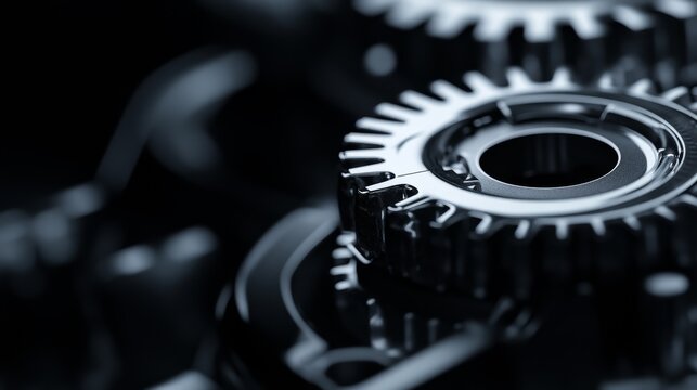 Close-up of interlocking metal gears in a dimly lit setting, showcasing precision and machinery integration