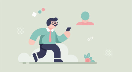 Animated businessman with glasses running with a phone