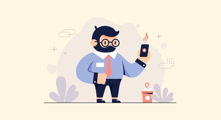Animated businessman with glasses taking a selfie while holding a coffee