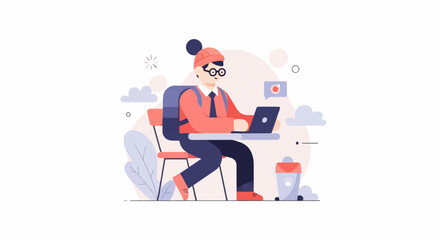 Fototapeta premium A young person wearing a hat and glasses sits at a desk with a laptop