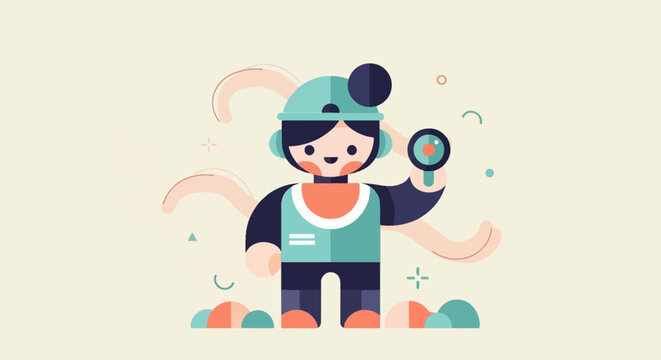 Adorable cartoon character holding a magnifying glass, looking curious