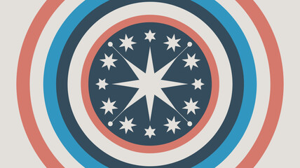 A patriotic circular emblem with a star design in red, white, and blue colors on a beige background.
