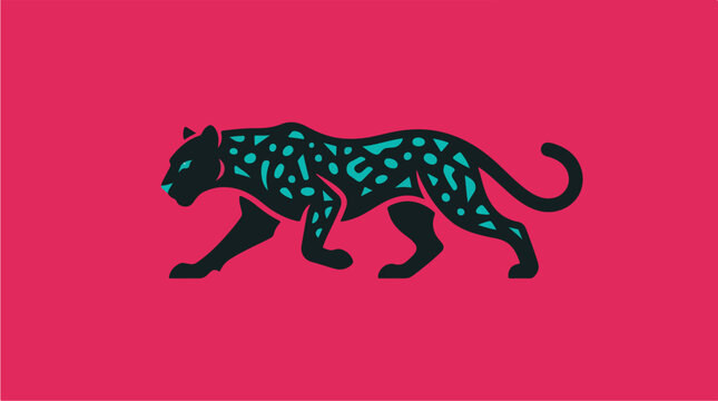 Stylized Black Panther Silhouette with Teal Spots on Pink Background.