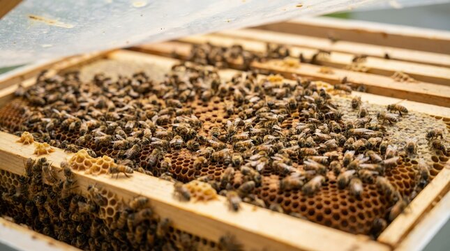 Honey bees diligently working within an open langstroth hive, building honeycomb and collecting nectar, showcasing beekeeping practices and the natural production of honey