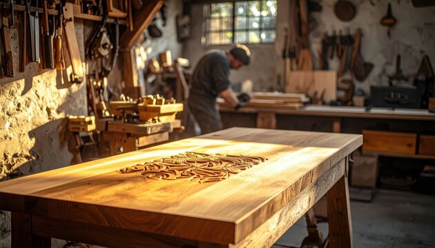 An intricate pattern of precisely chiseled dovetail joints on a solid oak tabletop in a sunlit traditional woodworking workshop, showcasing meticulous craftsmanship.