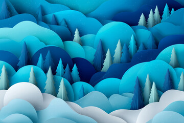 Obraz premium Winter Landscape in Cartoon Paper Style with Snowy Hills, Forest Trees, and Cute Layered Cutout Illustration