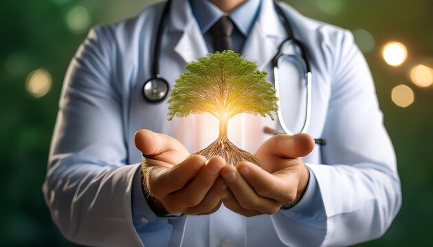 a doctor holds a glowing tree symbolizing health and sustainability representing the intersection of medicine and nature