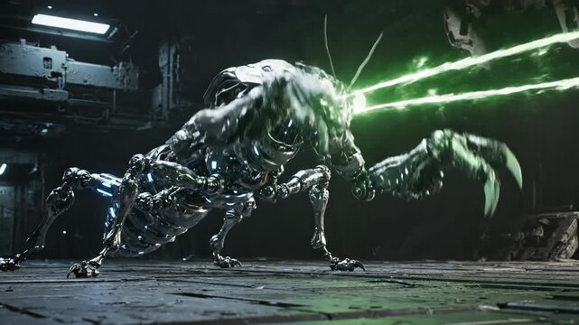 Metallic Insectoid Creature Emits Green Energy Beam in Dark Industrial Setting