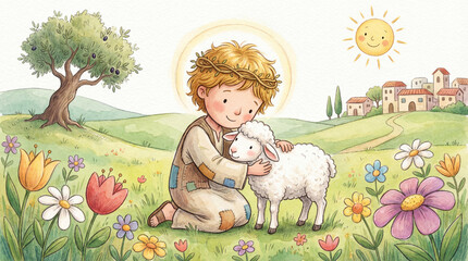 Fototapeta premium Gentle young boy wearing crown of thorns and halo embraces fluffy white lamb in vibrant, sunlit meadow filled with colorful flowers, olive tree, rolling hills, and quaint village in distance, watercol