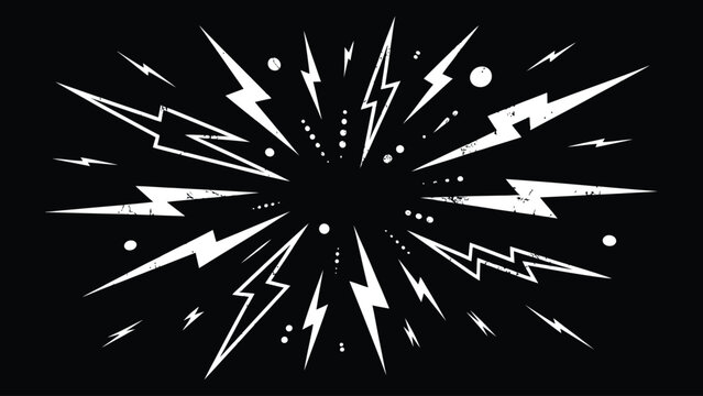 Abstract white lightning bolts and thunderbolts radiating on black background