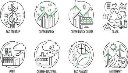 Fototapeta premium Sustainable Energy and Eco Business Line Icon Set with Green Technology, Recycling, Carbon Neutral Industry, Eco Finance and Renewable Investment Symbols