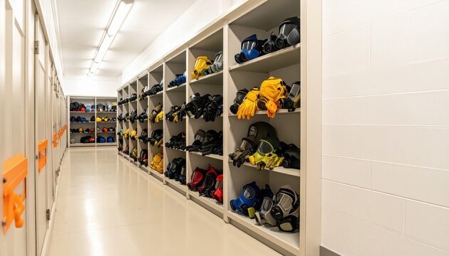 Array of essential protective equipment like gas masks, gloves, and helmets, meticulously organized on white shelves in a bright, clean storage facility, emphasizing safety and readiness.