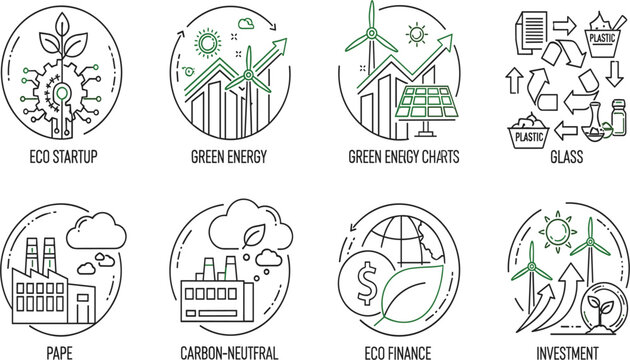 Sustainable Energy and Eco Business Line Icon Set with Green Technology, Recycling, Carbon Neutral Industry, Eco Finance and Renewable Investment Symbols