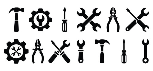 Obraz premium Black construction and manual repair tool icons set