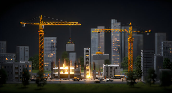 Cityscape construction site with cranes and tall buildings at night