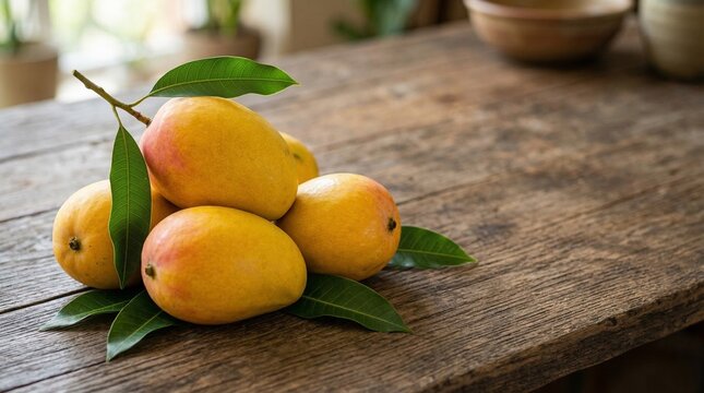 ripe indian alphonso mangoes with fresh leaves arranged on rustic wooden surface with copy space