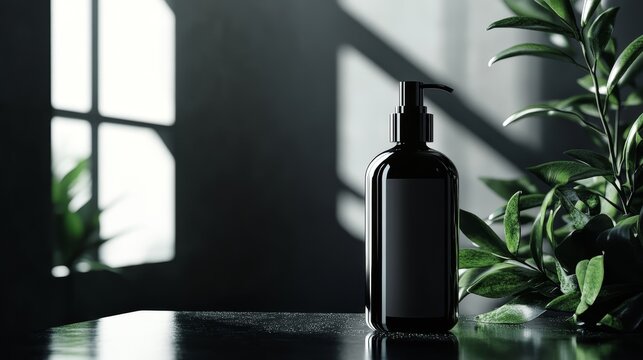 Sunlit dark bottle with pump on glossy surface besides lush green plant by sunny window background